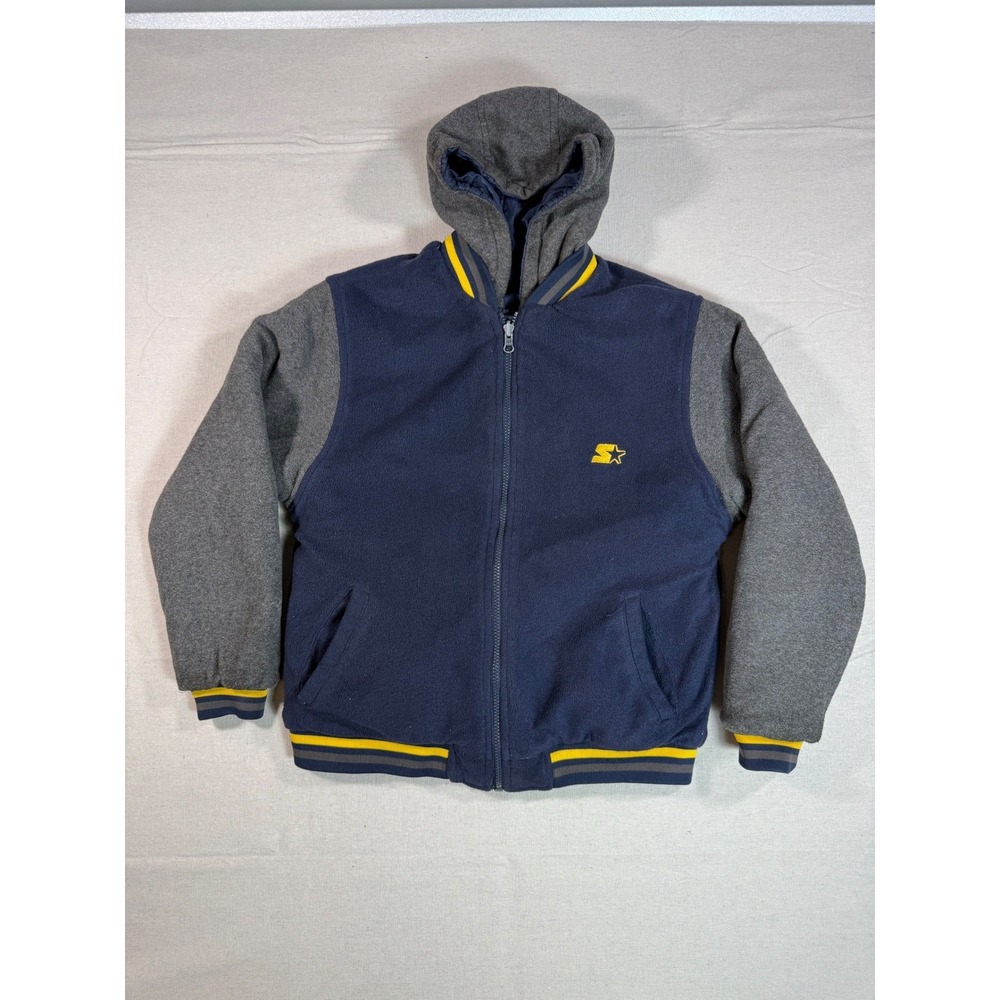Starter Reversible Hooded Varsity Jacket Navy Grey Yellow Youth Large 14-16